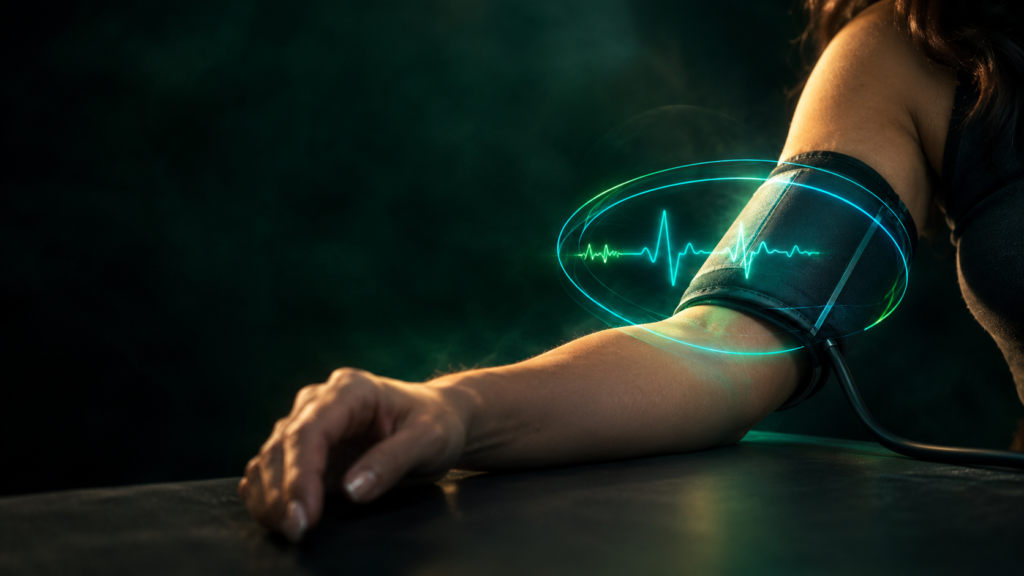 Brazo con brazalete de tensiómetro y una onda de pulso verde sobre fondo oscuro.